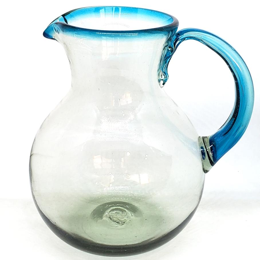 Wholesale MEXICAN GLASSWARE / Aqua Blue Rim 120 oz Large Bola Pitcher / This modern pitcher is decorated with an aqua blue rim.